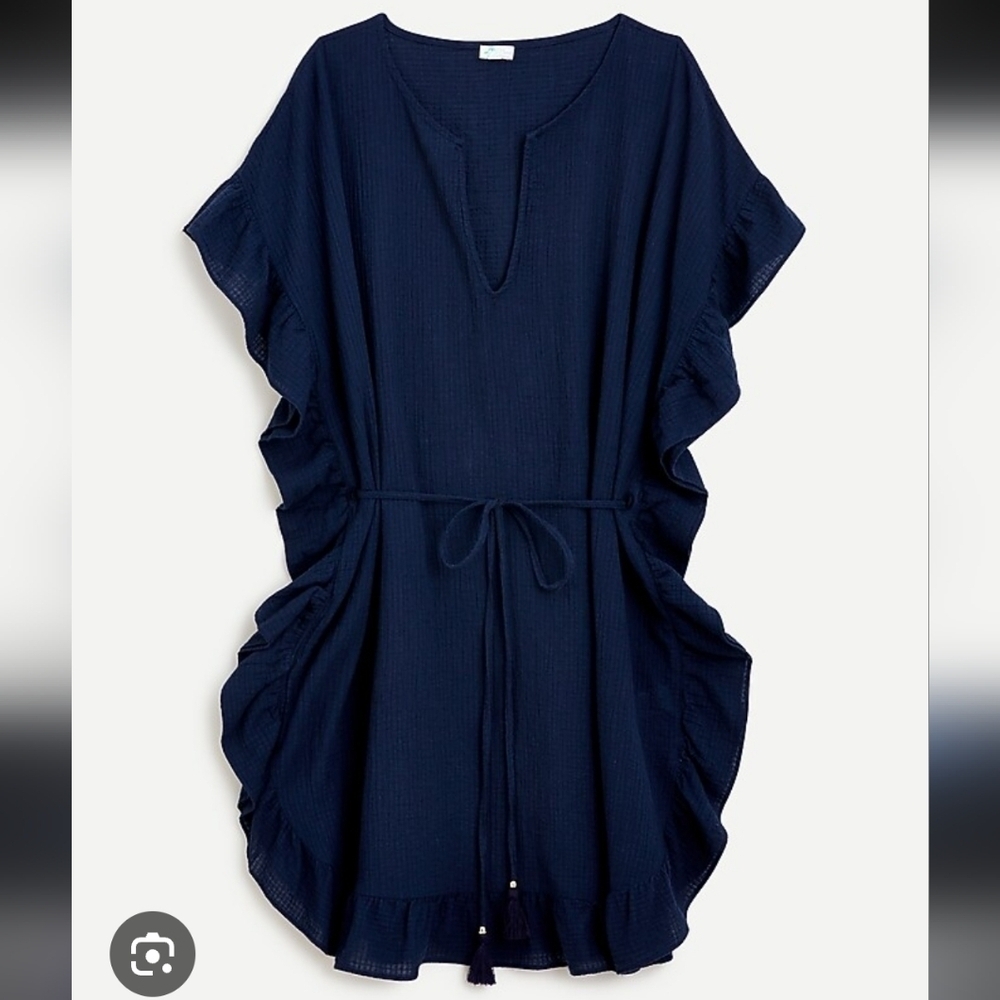 J. Crew Side Ruffle Tunic Blue Drawstring Cover Up Beachwear Shirt Womens XS